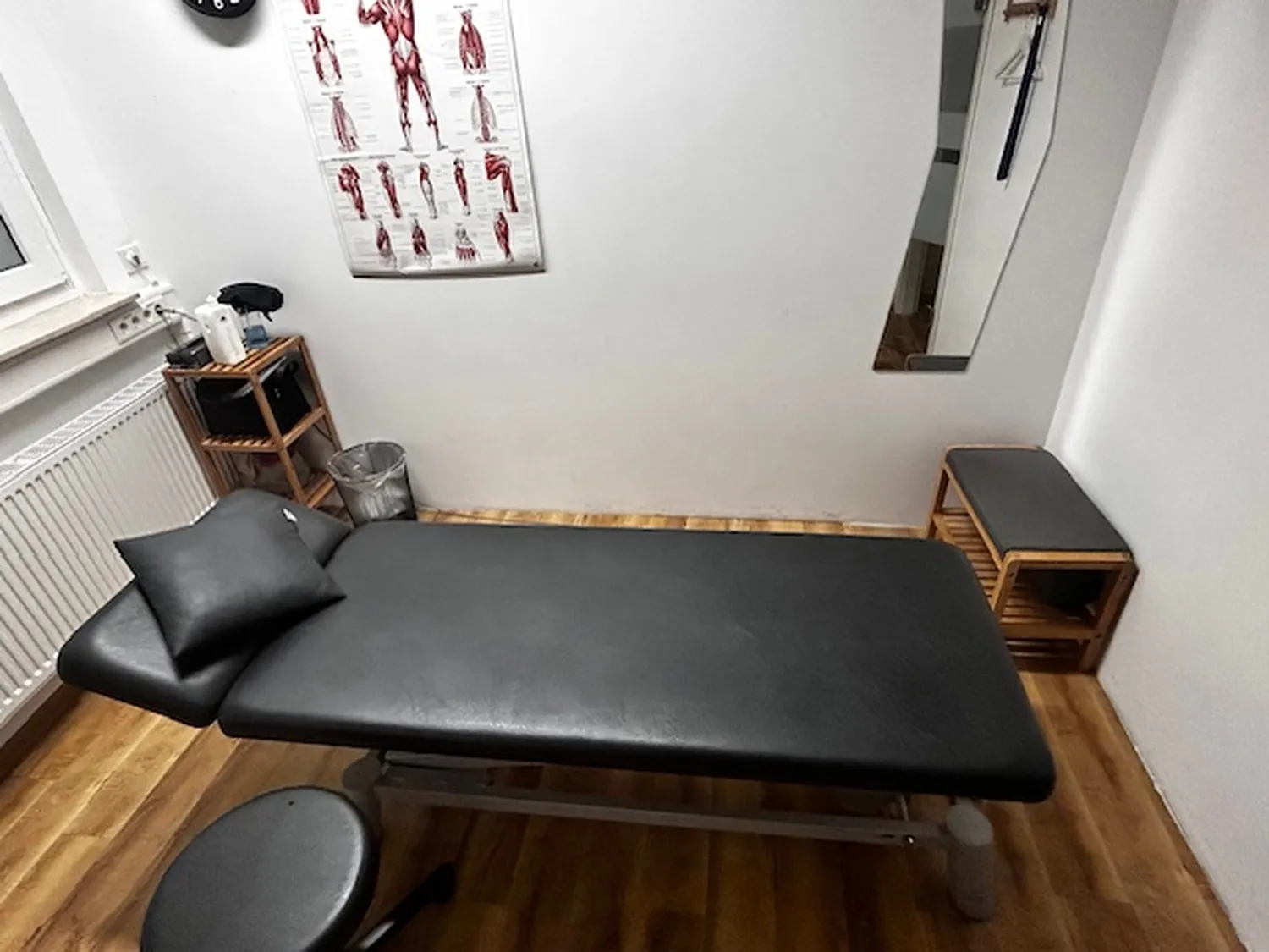 Behandlungsraum der Physiotherapie in Oberursel mit Liege und Anatomietafeln
